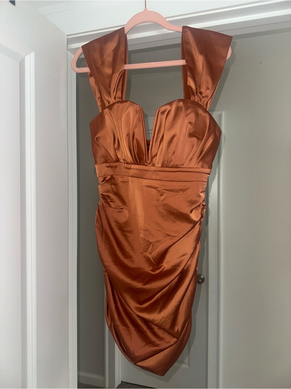 Rust Satin Cocktail Dress with Structured Straps